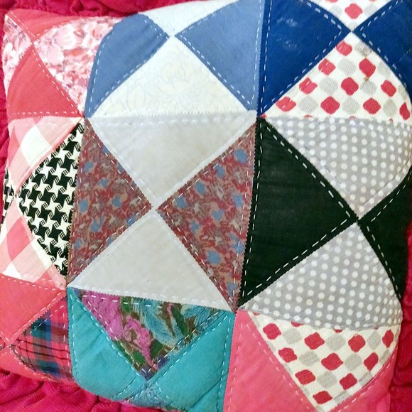 Vintage Patchwork Ruffle Pillow Bright Red Groovy Prints Flowers Stars Check BOH - Picture 8 of 12